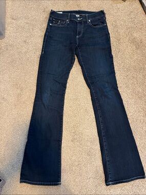 True Religion Becca Mid-Rise Bootcut Jeans in Dark Indigo with White Stitching